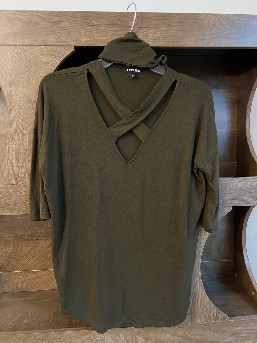 Express Olive Green Crisscross V-Neck Short Sleeve Top